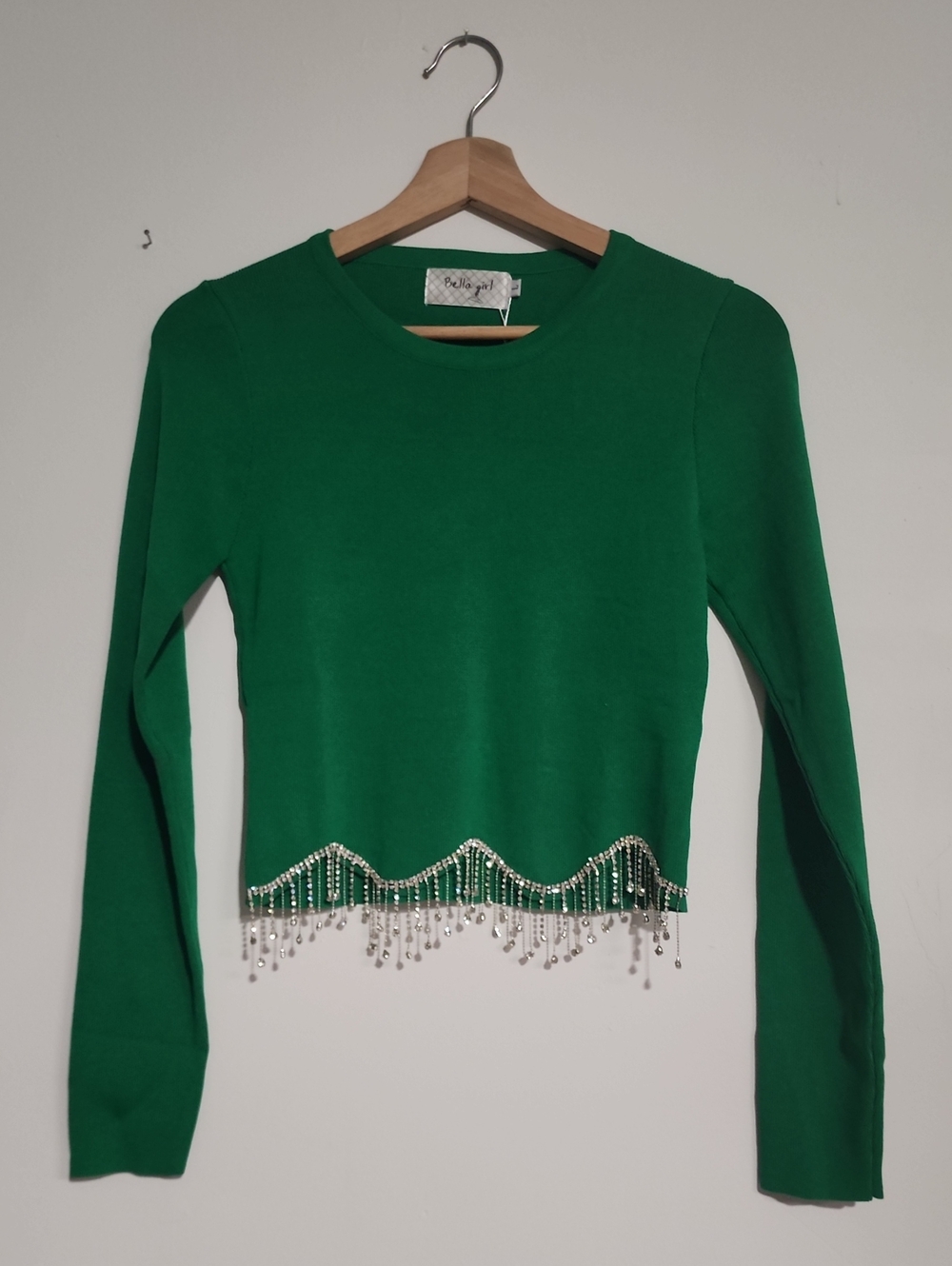 Barella Girl Emerald Green Long Sleeve Crop Top with Beaded Fringe